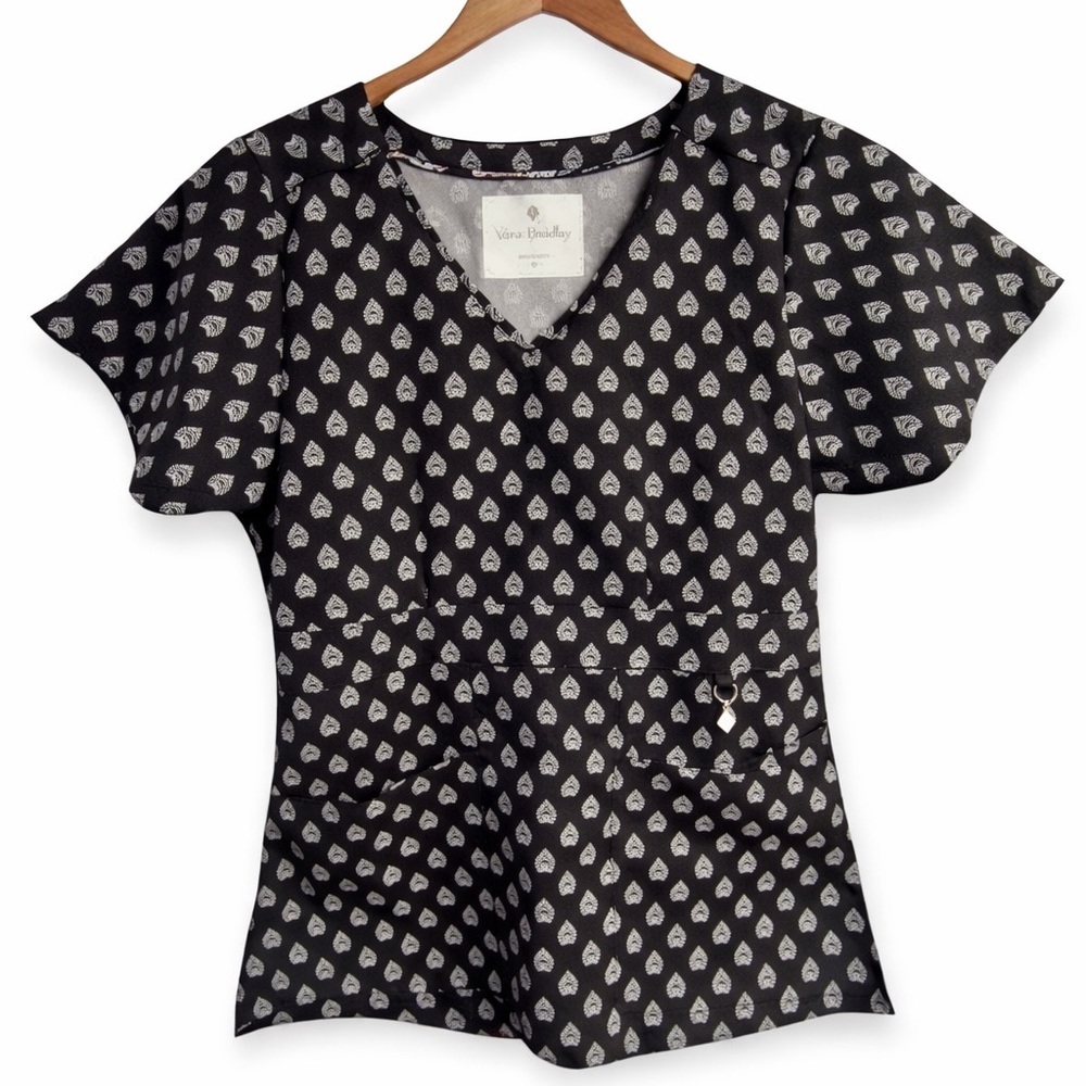 Vera Bradley Halo Frida V-Neck Empire Waist Scrub Top Black Print Small
